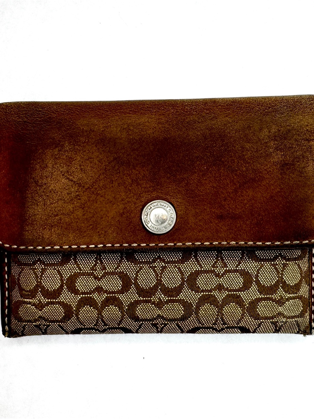 Coach Signature Jacquard & Brown Leather Snap Coin Purse/Wallet Vintage Y2K